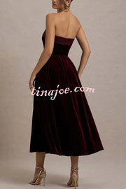 Center of Attention Velvet Satin Neck Bandeau Pleated Midi Dress