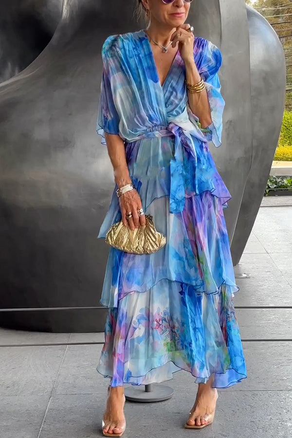 Stylish Tie-dye V-neck Tie-waist Layered Maxi Dress