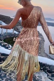 For The Love Gold Sequin One Shoulder Belted Fringes Midi Dress