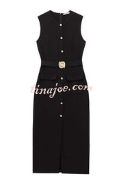 Danina Button Up Sleeveless Metal Belted Pocket Stretch Midi Dress