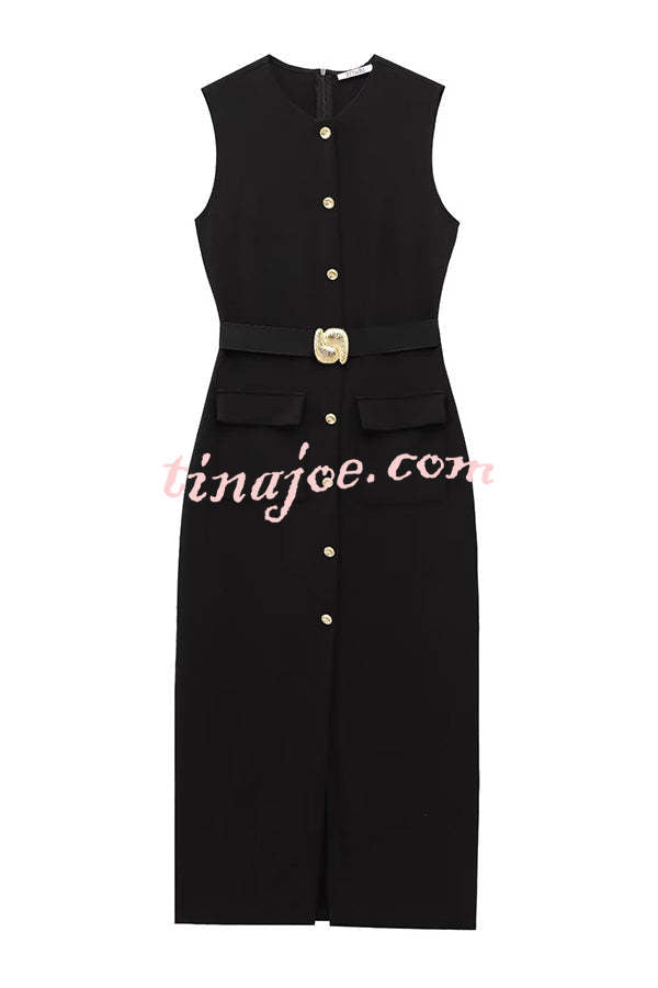 Danina Button Up Sleeveless Metal Belted Pocket Stretch Midi Dress