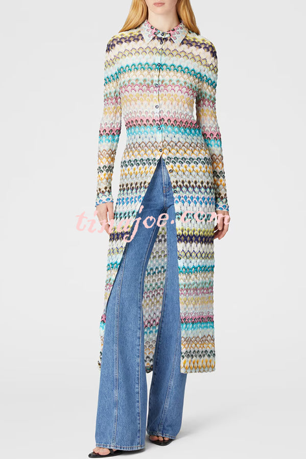 Anna Knit Colorful Herringbone Print Shirt Neck Button Long Sleeve Slim-fit Long Cardigan