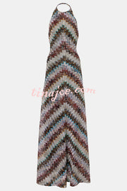 Jodie Knit Colorful Herringbone Print Halter Open Back Maxi Dress