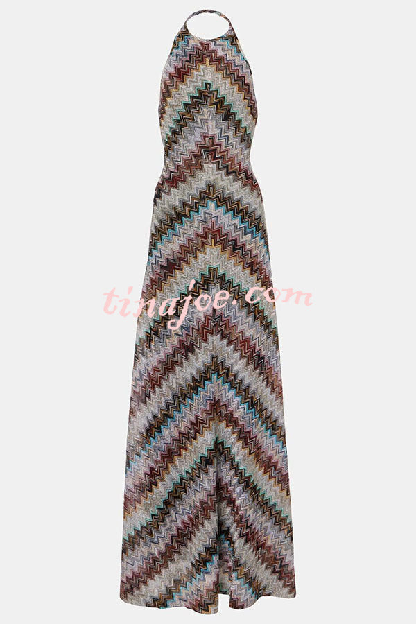 Jodie Knit Colorful Herringbone Print Halter Open Back Maxi Dress