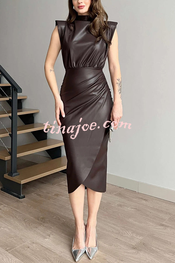 Elouise Faux Leather Turtleneck Shoulder Pads Ruched Slit Midi Dress