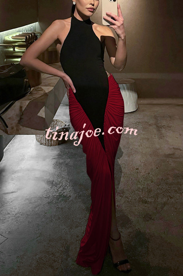 Fashionable Contrast Color Open Back Side Pleated Draped Maxi Dress