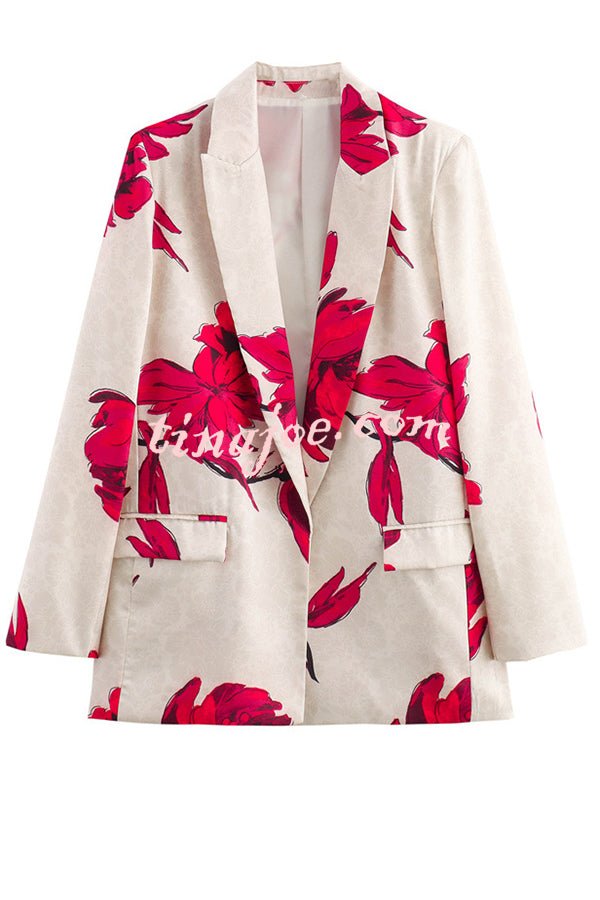 Special Attendance Satin Floral Print Long Sleeve Lapel Loose Blazer