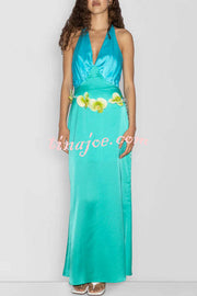 Like A Gem Satin Colorblock Halter Backless Party Maxi Dress