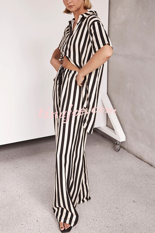 Erika Striped Casual Shirt and Elastic Waist Pocket Wide Leg Pants Set