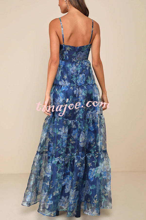 Exclusive Glamour Organza Floral Print Tiered Slip Maxi Dress
