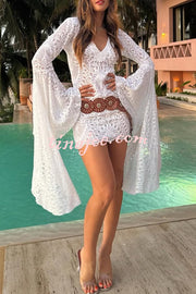 Coachella Time Unique Lace Pattern Oversized Bell Sleeve Stretch Mini Dress