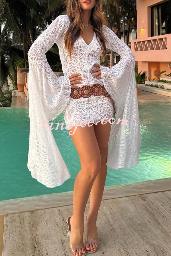 Coachella Time Unique Lace Pattern Oversized Bell Sleeve Stretch Mini Dress