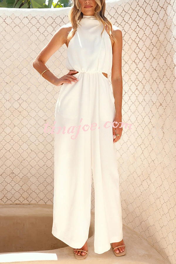Solid Color Resort Style Halter Neck Waist Pocket Wide Leg Jumpsuit