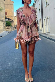 Dreamy Island Floral Leopard Print Cutout Waist Tiered Ruffles Mini Dress