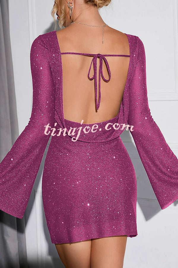 Solid Sequined Open Back Lace Up Mini Dress