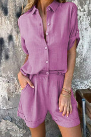 Linen Blend Solid Color Button Lapel Short Sleeve Shirt and Casual Pocket Shorts Set