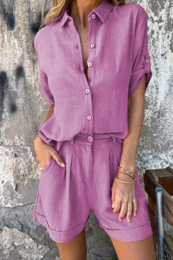 Linen Blend Solid Color Button Lapel Short Sleeve Shirt and Casual Pocket Shorts Set