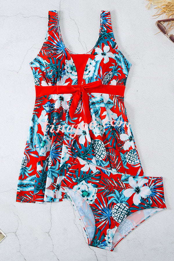 Cheerful Floral Print Bow Detail Tankini Swimsuit Set