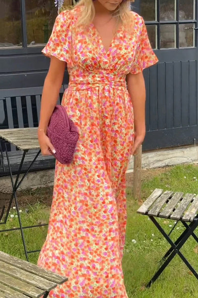 Floral Print V-Neck Short Sleeve Waist Maxi Dress