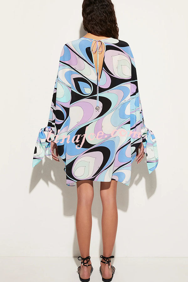 Micah Satin Unique Print Slit Tie-up Sleeve Shift Kaftan Mini Dress