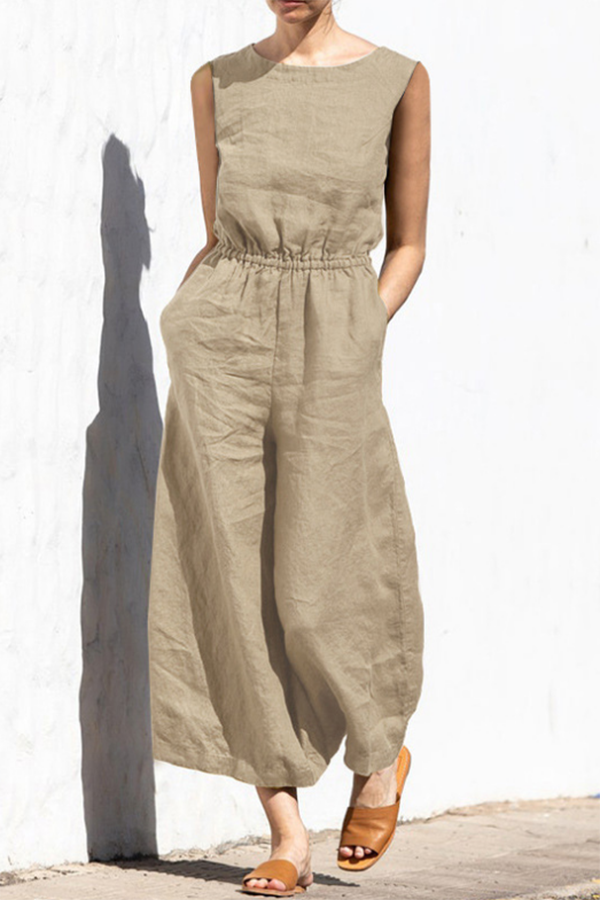 Fern Linen Blend Pocketed Button Back Elastic Waist Jumpsuit