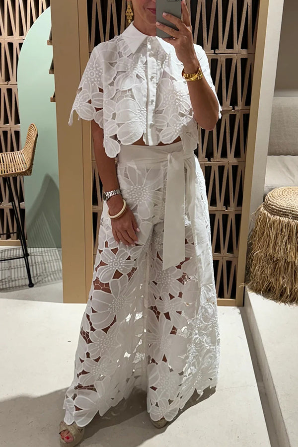 Redefining Elegance Floral Lace Cropped Shirt and Belt Pocketed Wide Leg Pants Set