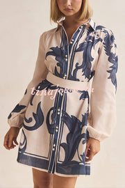 Botanical Print Lapel Puff Sleeve Vintage Belt Loose Mini Dress