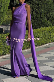 Crush on You Satin One Shoulder Backless Cape Maxi Dress
