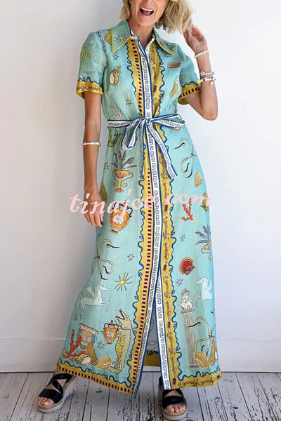 Deep Sea Dreaming Linen Blend Unique Print Short Sleeve Tie-up Shirt Maxi Dress