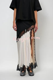 Party Focus Contrast Color Satin Lace Trim Elastic Waist Front Slit Maxi Skirt