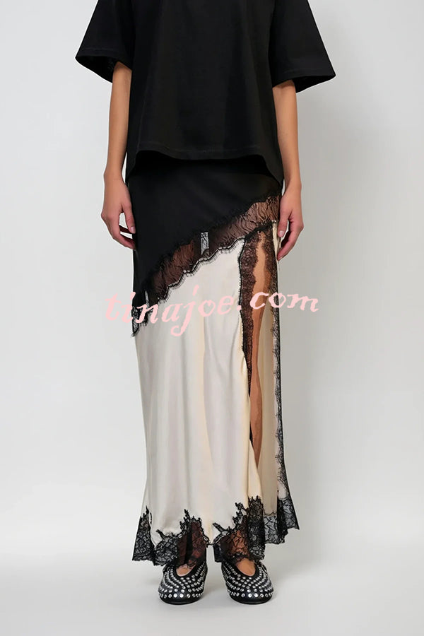 Party Focus Contrast Color Satin Lace Trim Elastic Waist Front Slit Maxi Skirt