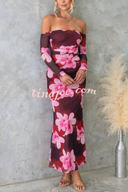 Floral Fantasy Mesh Off Shoulder Long Sleeve Stretch Maxi Dress
