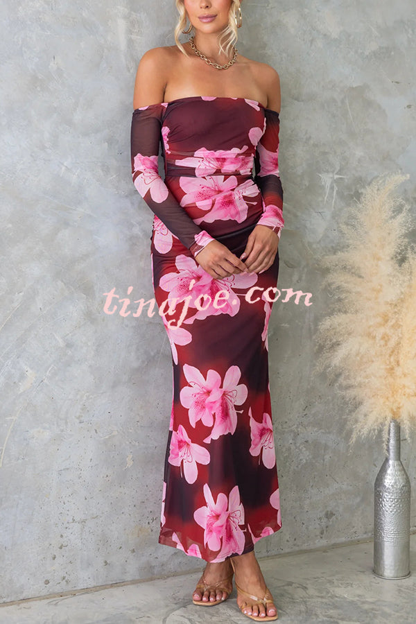 Floral Fantasy Mesh Off Shoulder Long Sleeve Stretch Maxi Dress