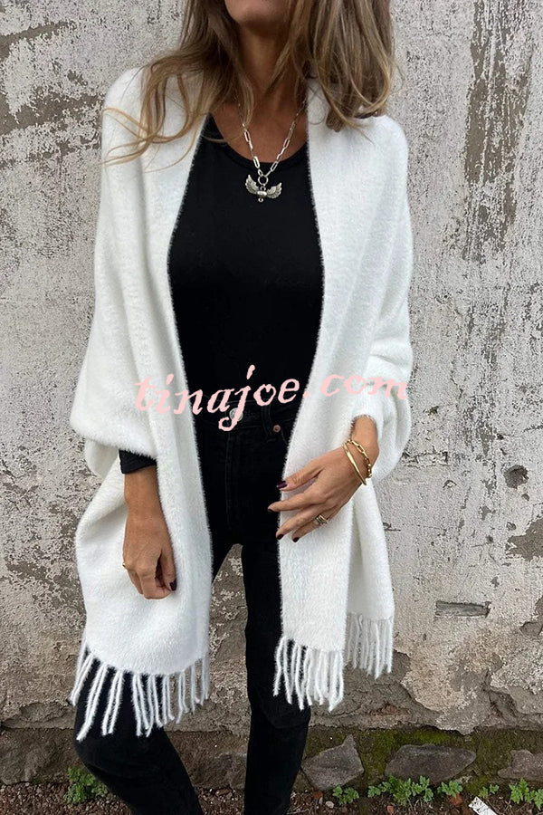 Warm Corner Knit Plush Tassel Trim Relaxed Shawl Cardigan