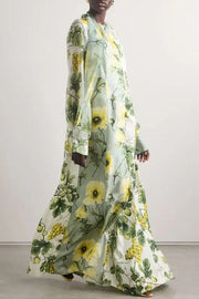 Floral Print Tie Neck Balloon Sleeves Elegant Maxi Dress