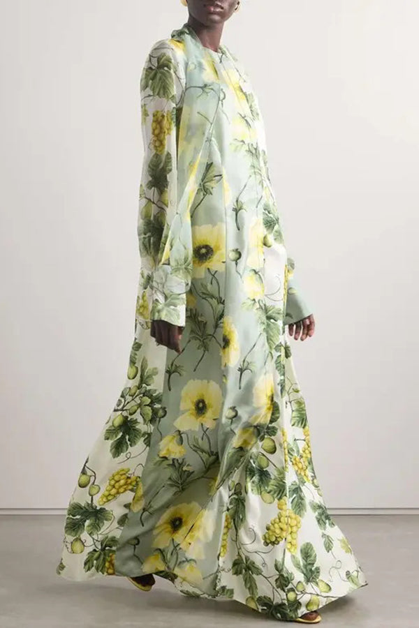 Floral Print Tie Neck Balloon Sleeves Elegant Maxi Dress