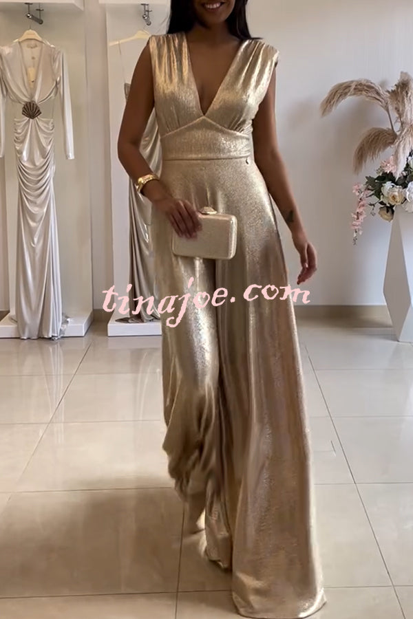 Roisin Metallic Fabric Ruched Shoulder V-neck Wide Leg Drape Jumpsuit