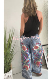 Hippie Style Unique Floral Denim Print Elastic Waist Pocketed Wide Leg Pants