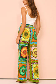 Disco Daisy Unique Printed Colorblock Elastic Waist Pocket Pants Set