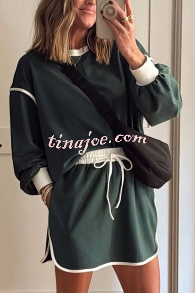 Fashion Round Neck Long Sleeve Spliced Casual Top and Elastic Waist Loose Shorts Set