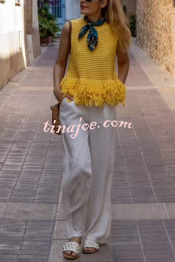 Solid Color Round Neck Sleeveless Hollow Tassel Loose Vest