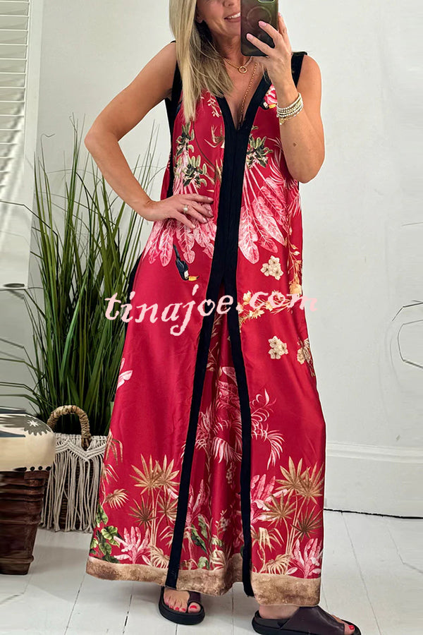 Vanna Unique Tropical Print Black Patchwork Detail A-line Maxi Dress