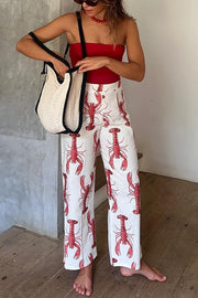 Fun Vacation Lobster Print High Rise Straight Pants