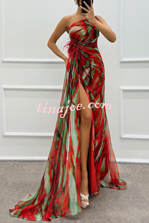 Amazing Views Watercolor Print Feather Rose Detail Off Shoulder Pleated Slit Maxi Dress