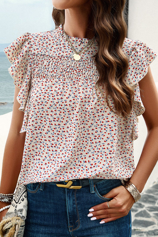 Floral Print Pleated Crew Neck Pullover Top