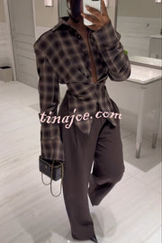 Vintage Plaid Shoulder Pad Buttons Long Sleeve Angled Hem Shirt