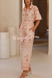 Linen Blend Lapel Puff Sleeve Loose Shirt and Casual Pocket Straight Pants Set