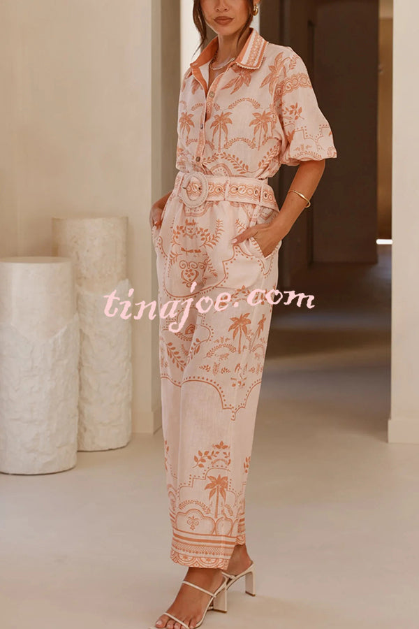 Linen Blend Lapel Puff Sleeve Loose Shirt and Casual Pocket Straight Pants Set