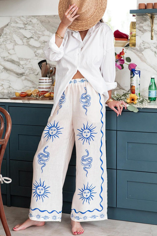 Symbol of Sicily Linen Blend Unique Print Elastic Waist Pocketed Wide Leg Pants