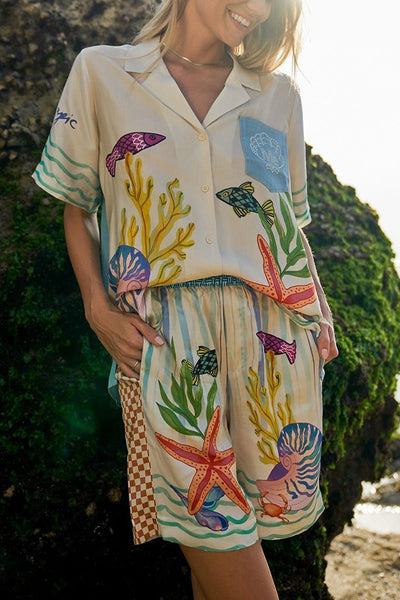 Coastal Seashell Satin Unique Print Pocket Loose Shirt and Elastic Waist Shorts Set